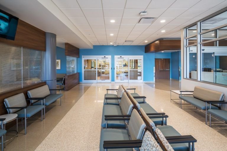 Healthcare building at dusk