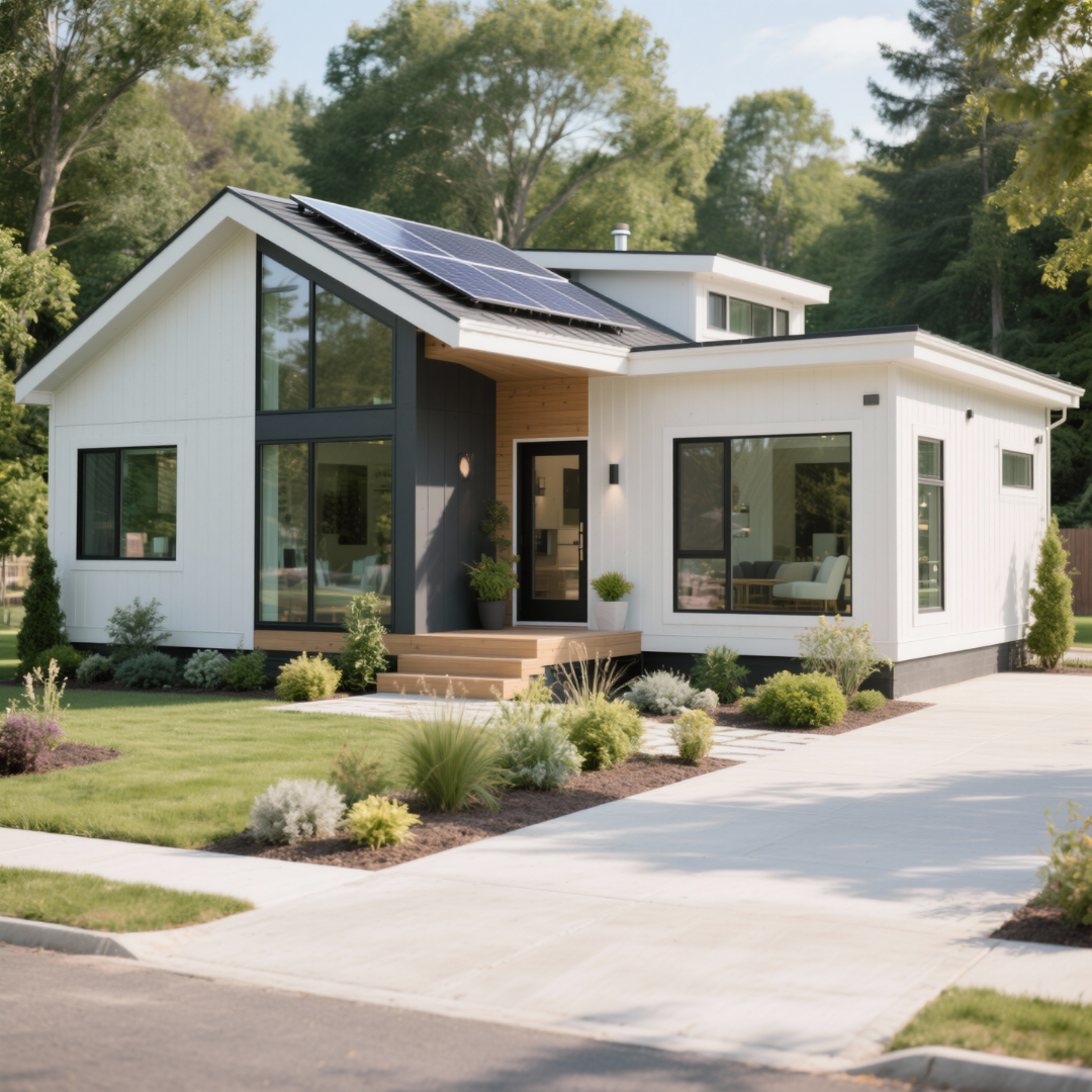 Prefabricated home at dusk
