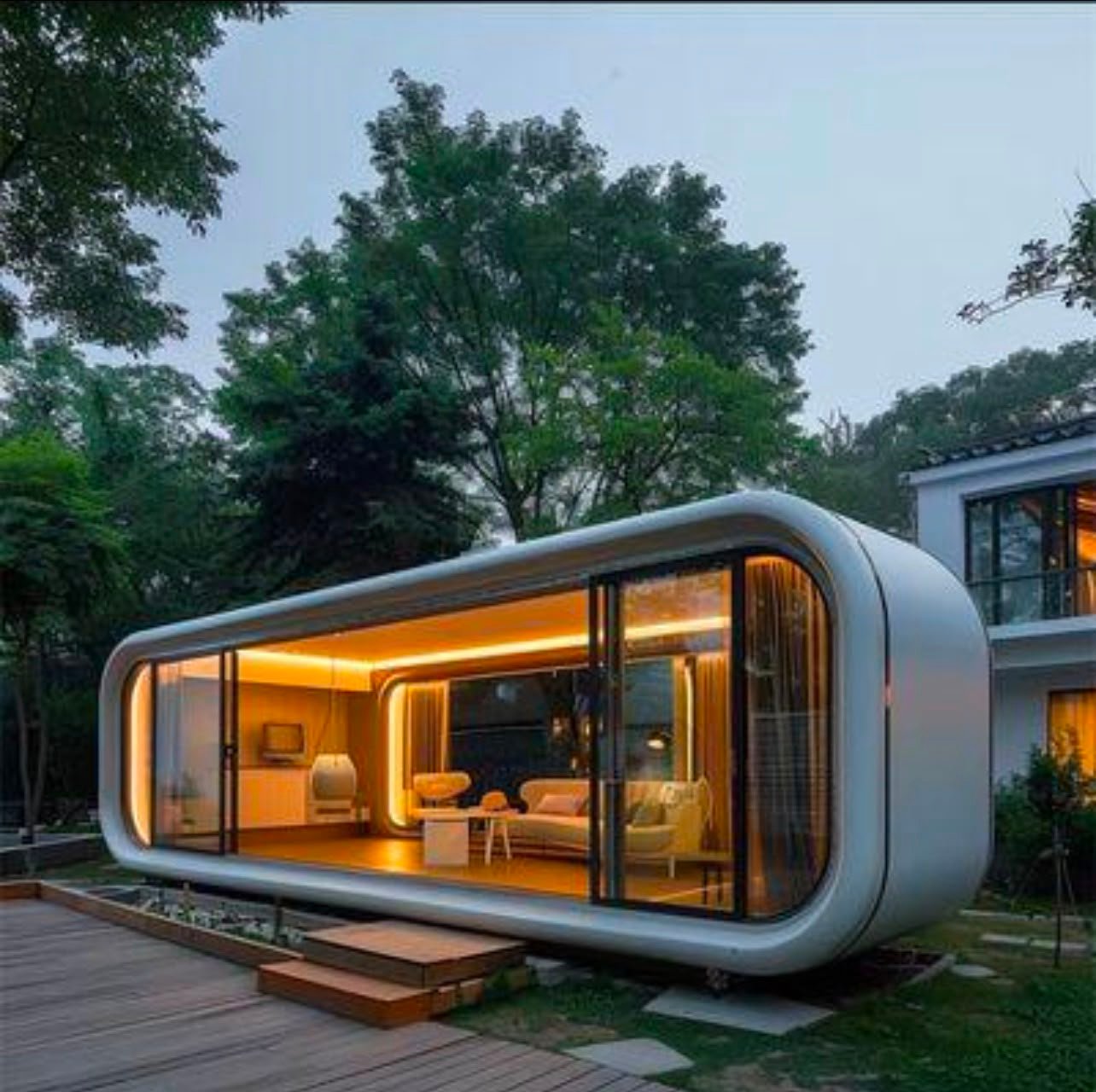 Capsule home at dusk
