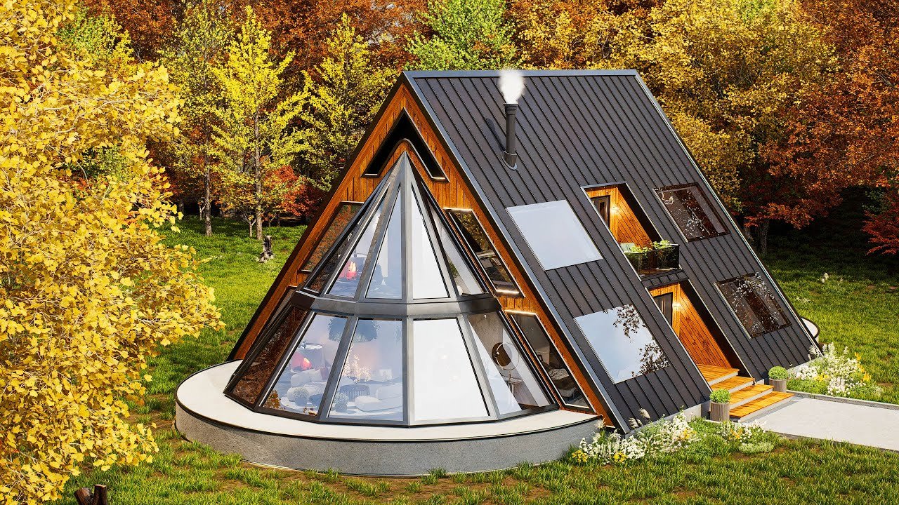A-frame cabin at dusk
