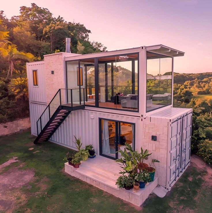 Container home at dusk