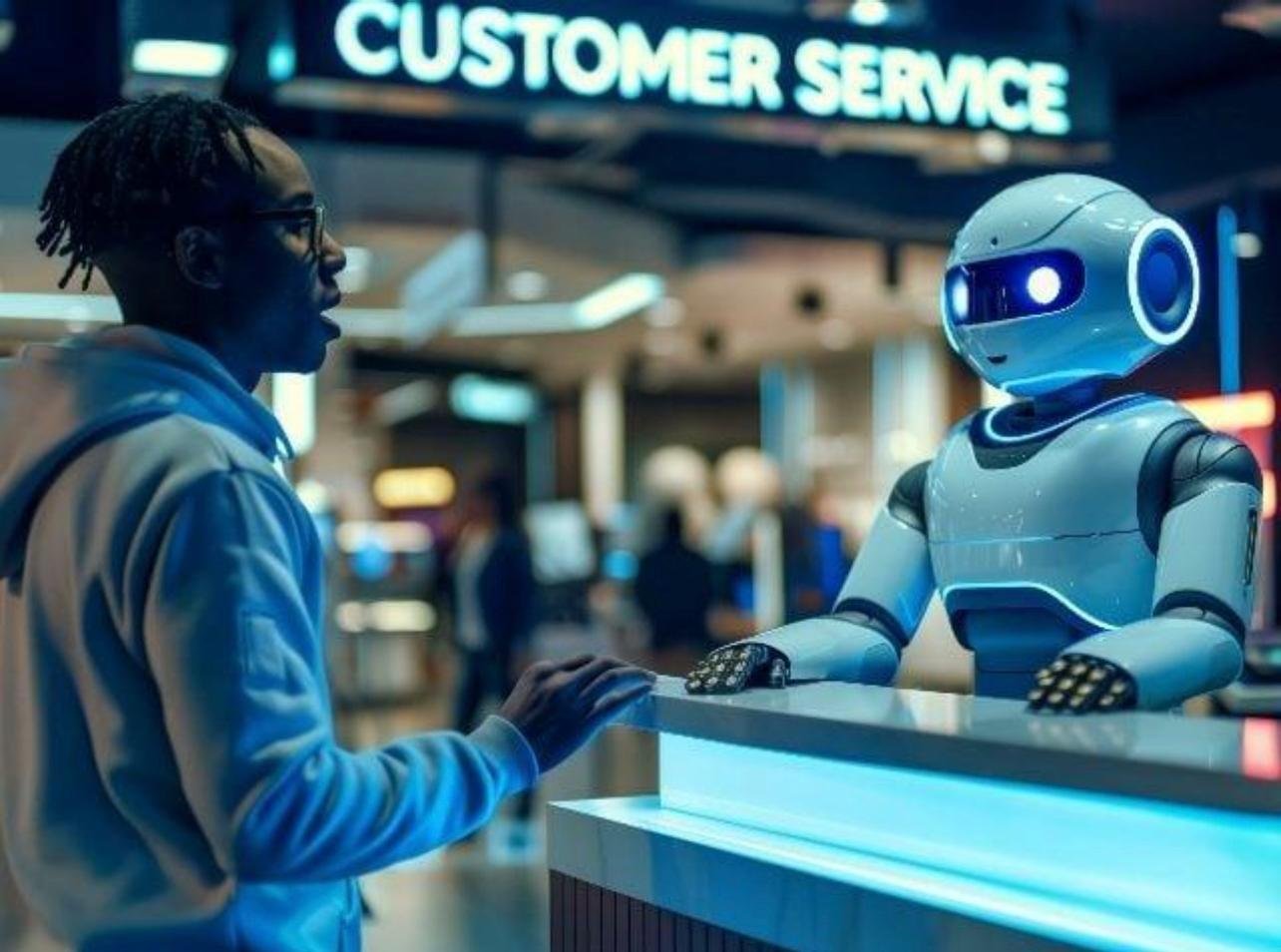 Humanoid robot greeting visitors